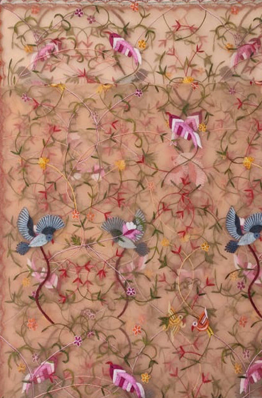 Orange Embroidered Parsi Convent Work Net Bird And Flower Design Dupatta - Luxurion World