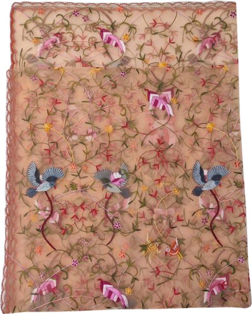 Orange Embroidered Parsi Convent Work Net Bird And Flower Design Dupatta - Luxurion World
