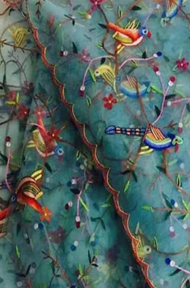 Blue Embroidered Parsi Convent Work Net Bird And Flower Design Dupatta - Luxurion World