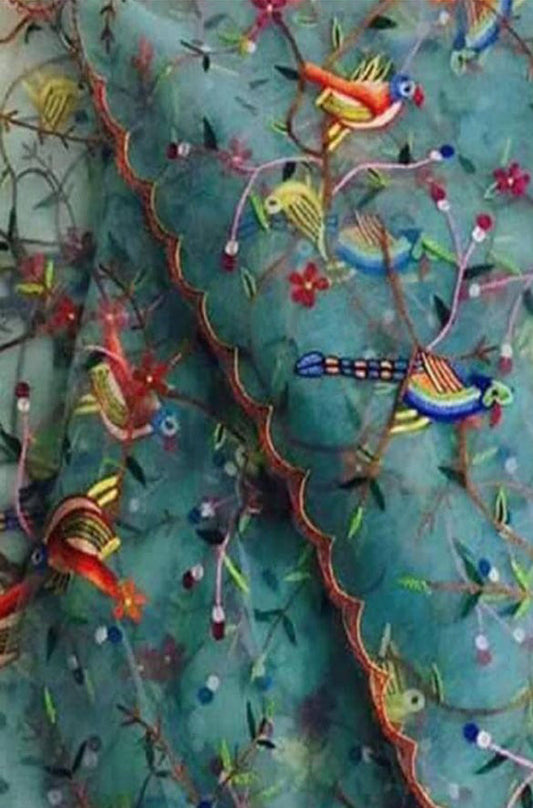 Blue Embroidered Parsi Convent Work Net Bird And Flower Design Dupatta - Luxurion World