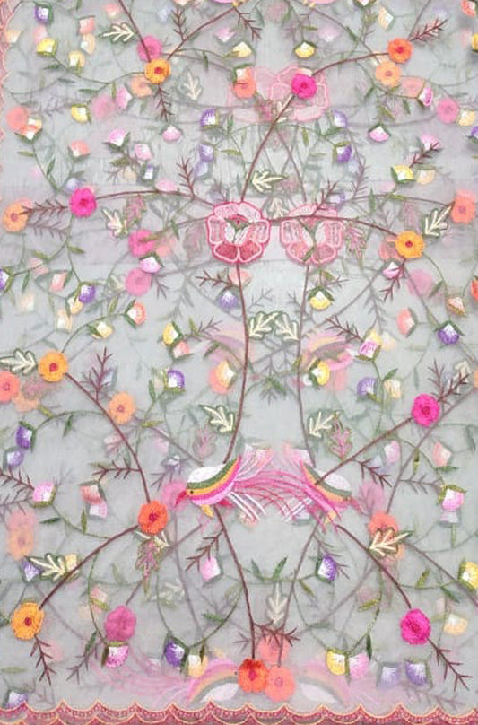 Grey Embroidered Parsi Convent Work Net Bird And Flower Design Dupatta - Luxurion World