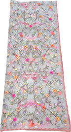 Grey Embroidered Parsi Convent Work Net Bird And Flower Design Dupatta - Luxurion World