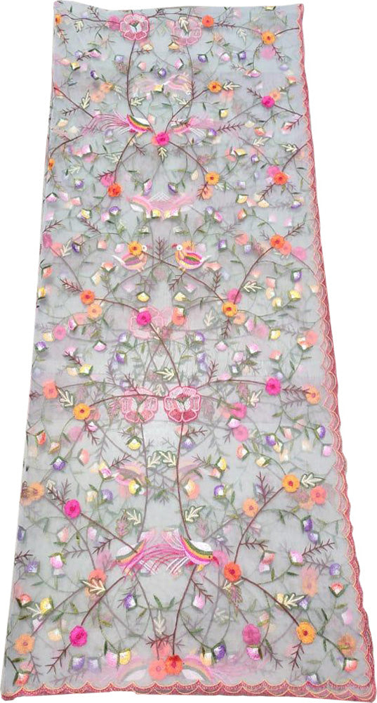 Grey Embroidered Parsi Convent Work Net Bird And Flower Design Dupatta - Luxurion World