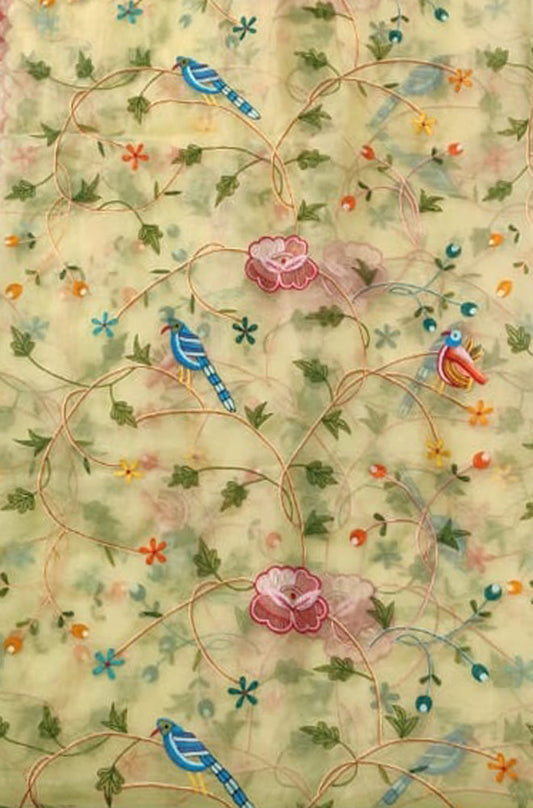 Yellow Embroidered Parsi Convent Work Net Bird And Flower Design Dupatta - Luxurion World