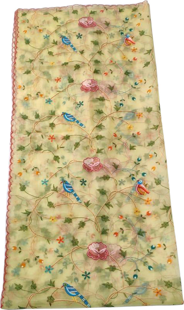 Yellow Embroidered Parsi Convent Work Net Bird And Flower Design Dupatta - Luxurion World