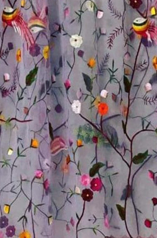 Purple Embroidered Parsi Convent Work Net Bird And Flower Design Dupatta - Luxurion World