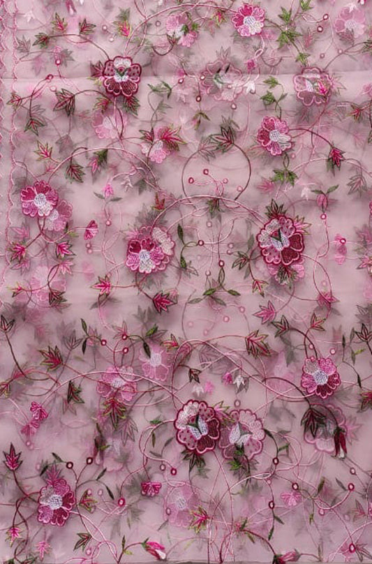 Pink Embroidered Parsi Convent Work Net Flower Design Dupatta - Luxurion World