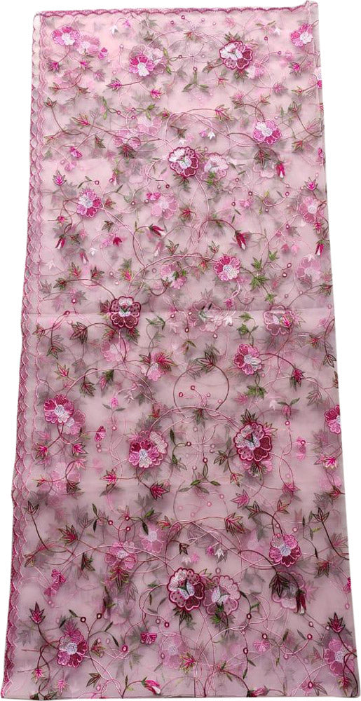 Pink Embroidered Parsi Convent Work Net Flower Design Dupatta - Luxurion World