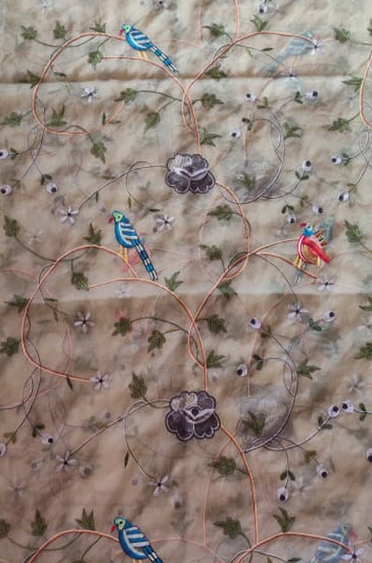 Grey Embroidered Parsi Convent Work Net Bird And Flower Design Dupatta - Luxurion World