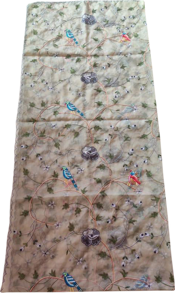 Grey Embroidered Parsi Convent Work Net Bird And Flower Design Dupatta - Luxurion World