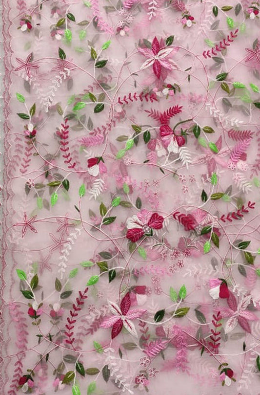 Pink Embroidered Parsi Convent Work Net Flower Design Dupatta - Luxurion World