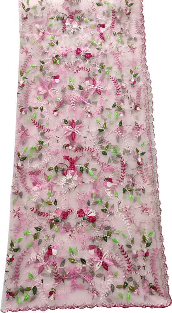 Pink Embroidered Parsi Convent Work Net Flower Design Dupatta - Luxurion World