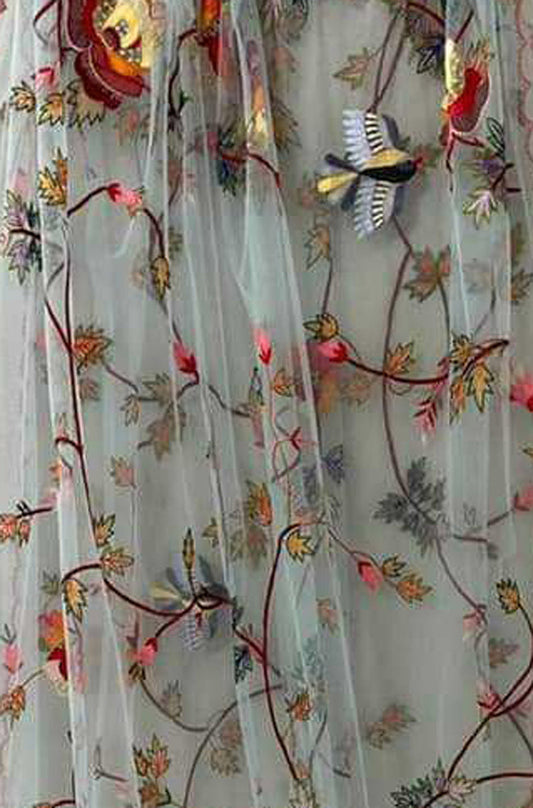 Pastel Embroidered Parsi Convent Work Net Bird And Flower Design Dupatta - Luxurion World
