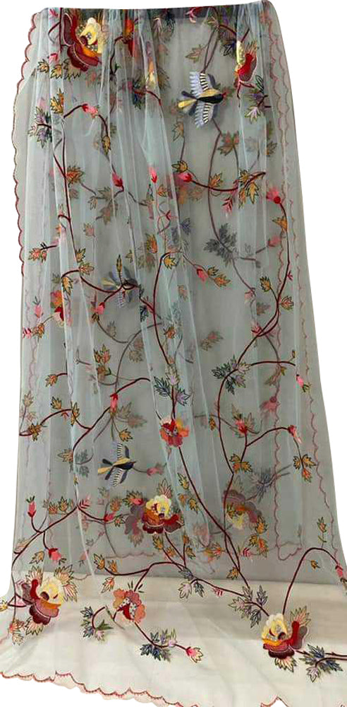 Pastel Embroidered Parsi Convent Work Net Bird And Flower Design Dupatta - Luxurion World