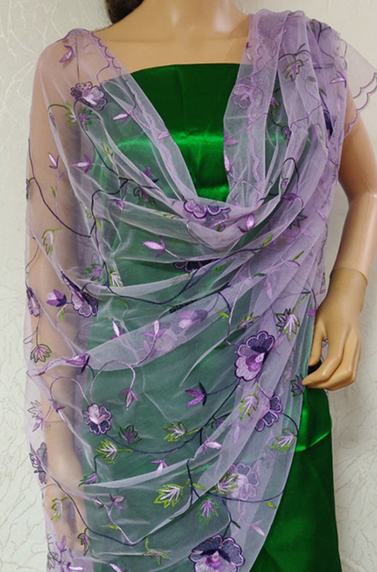 Purple Hand Embroidered Parsi Convent Work Net Dupatta - Luxurion World
