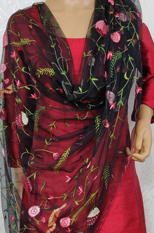 Black Hand Embroidered Parsi Convent Work Net Dupatta - Luxurion World