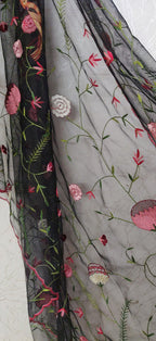 Black Hand Embroidered Parsi Convent Work Net Dupatta - Luxurion World
