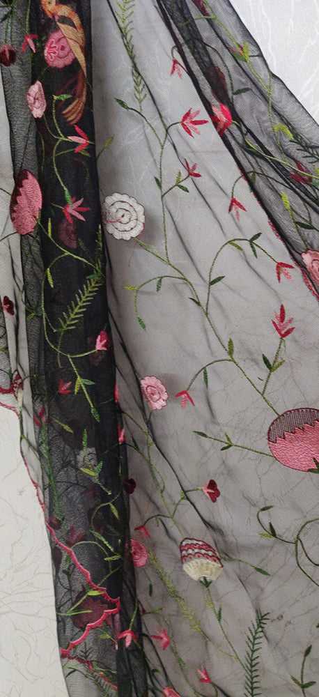 Black Hand Embroidered Parsi Convent Work Net Dupatta - Luxurion World