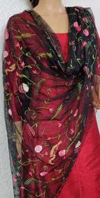 Black Hand Embroidered Parsi Convent Work Net Dupatta - Luxurion World