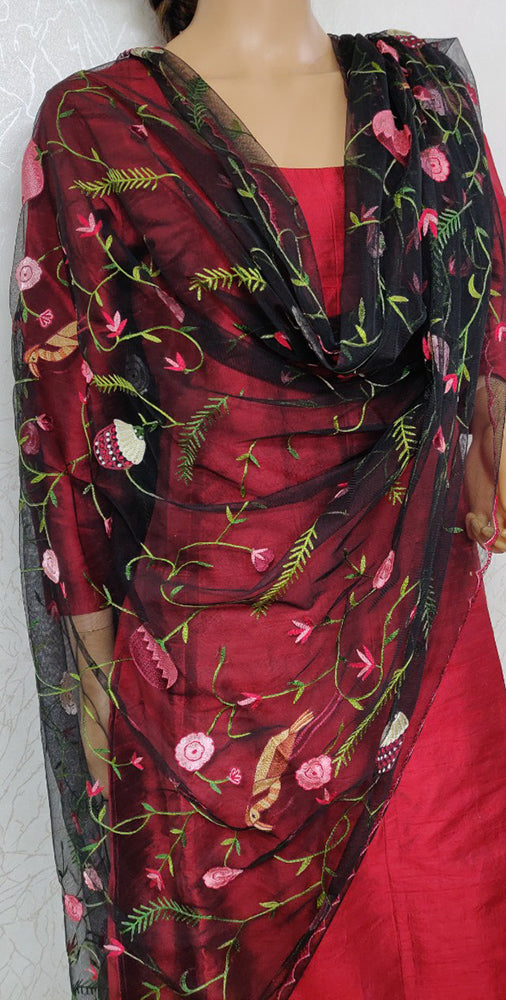 Black Hand Embroidered Parsi Convent Work Net Dupatta - Luxurion World