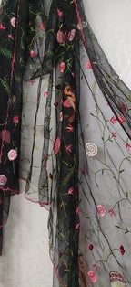 Black Hand Embroidered Parsi Convent Work Net Dupatta - Luxurion World