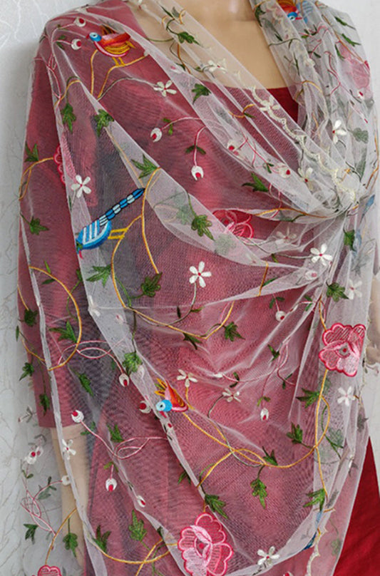 Off White Hand Embroidered Parsi Convent Work Net Dupatta - Luxurion World