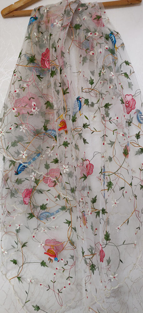 Off White Hand Embroidered Parsi Convent Work Net Dupatta - Luxurion World