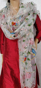 Off White Hand Embroidered Parsi Convent Work Net Dupatta - Luxurion World
