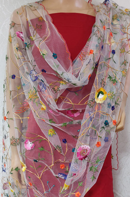 Off White Hand Embroidered Parsi Convent Work Net Dupatta - Luxurion World