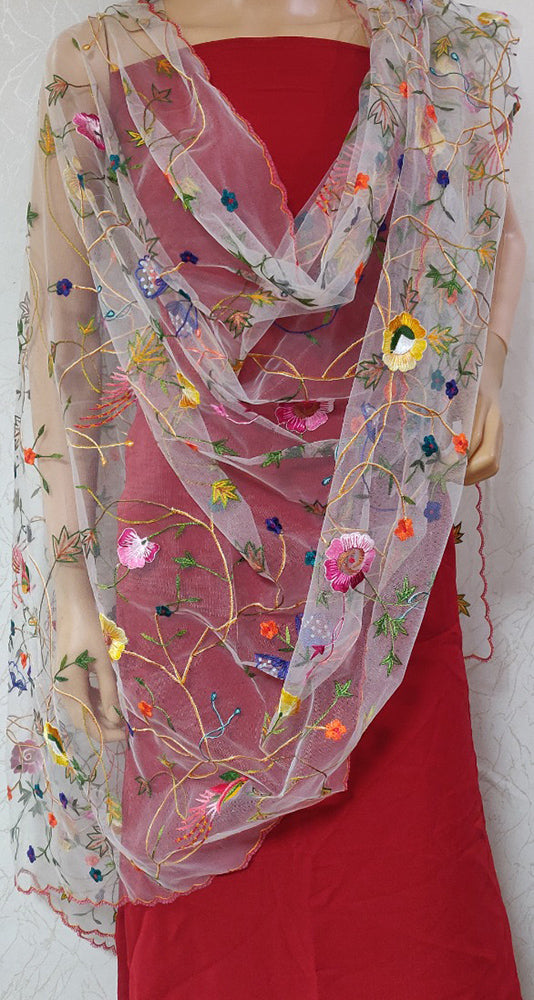 Off White Hand Embroidered Parsi Convent Work Net Dupatta - Luxurion World