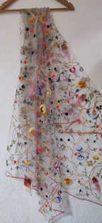 Off White Hand Embroidered Parsi Convent Work Net Dupatta - Luxurion World