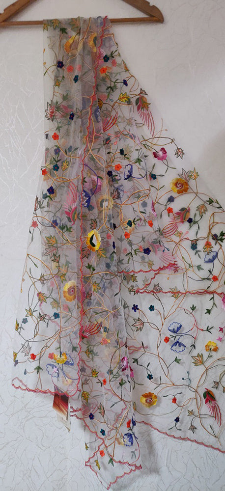 Off White Hand Embroidered Parsi Convent Work Net Dupatta - Luxurion World