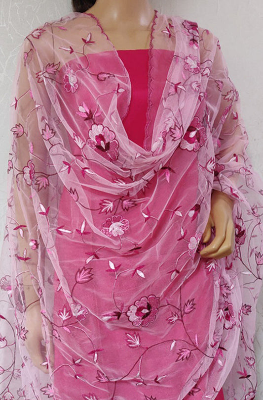 Pink Hand Embroidered Parsi Convent Work Net Dupatta - Luxurion World
