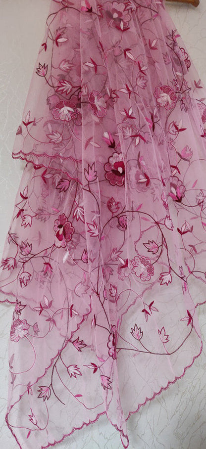 Pink Hand Embroidered Parsi Convent Work Net Dupatta - Luxurion World