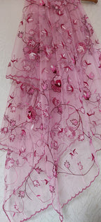 Pink Hand Embroidered Parsi Convent Work Net Dupatta - Luxurion World