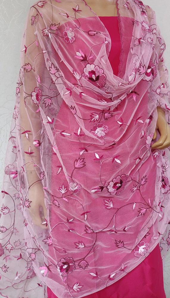 Pink Hand Embroidered Parsi Convent Work Net Dupatta - Luxurion World