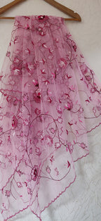 Pink Hand Embroidered Parsi Convent Work Net Dupatta - Luxurion World