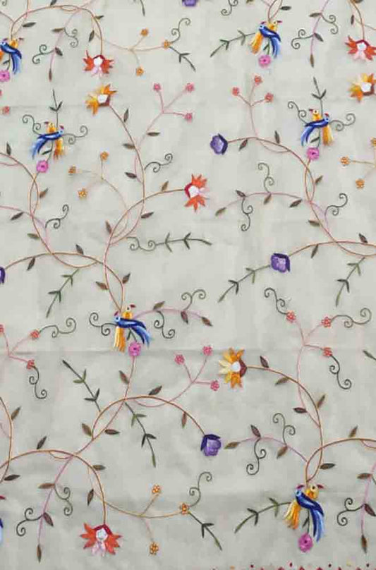 Yellow Embroidered Parsi Convent Work Organza Flower Design Dupatta