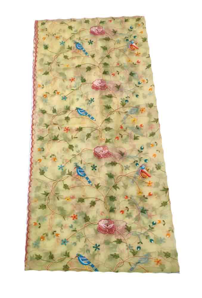Yellow Embroidered Parsi Convent Work Organza Flower Design Dupatta - Luxurion World