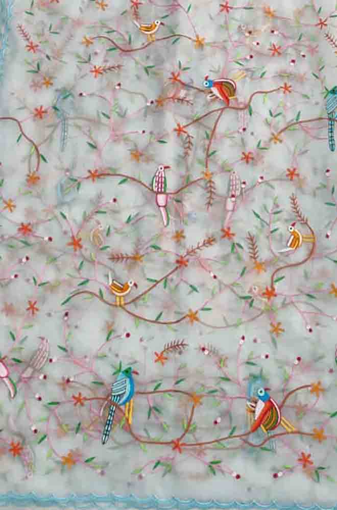 Off White Embroidered Parsi Convent Work Organza Flower Design Dupatta - Luxurion World