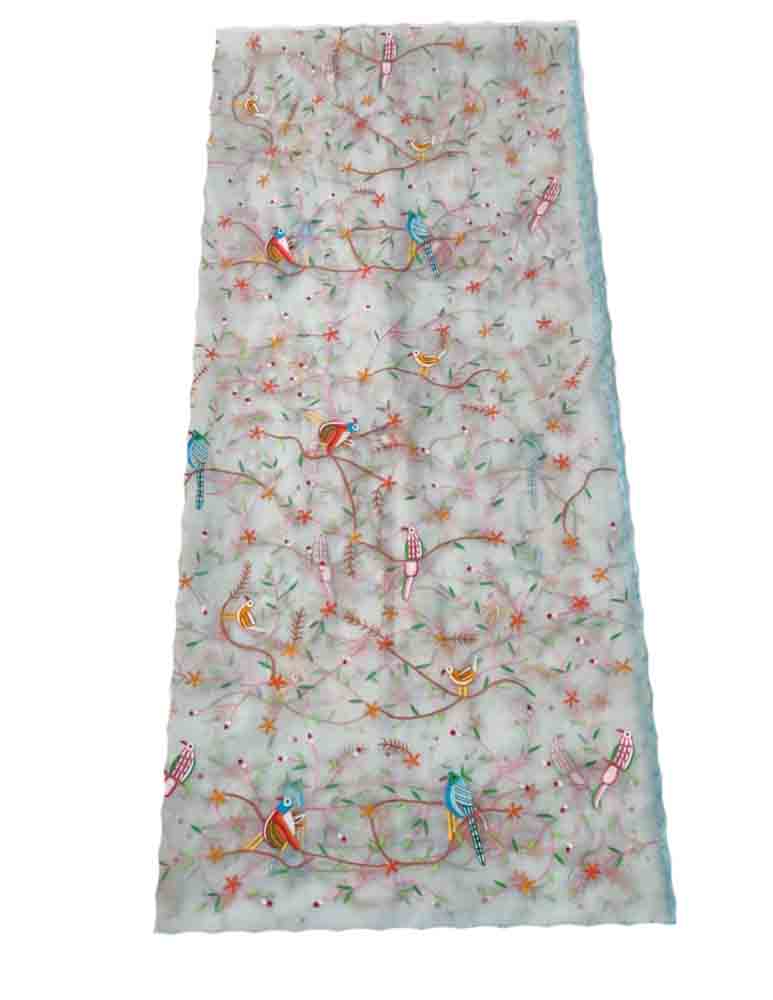 Off White Embroidered Parsi Convent Work Organza Flower Design Dupatta - Luxurion World