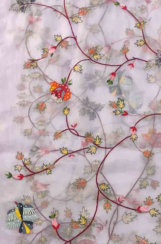 Pink Embroidered Parsi Convent Work Organza Flower Design Dupatta - Luxurion World