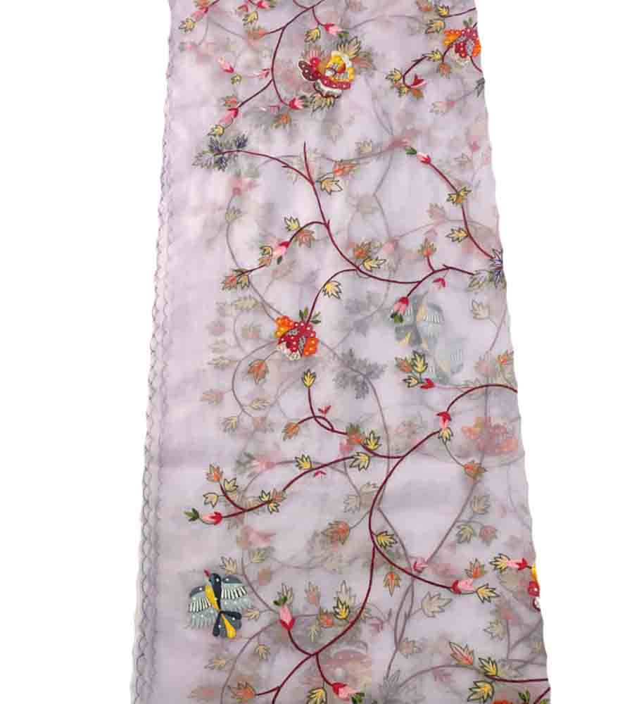 Pink Embroidered Parsi Convent Work Organza Flower Design Dupatta - Luxurion World
