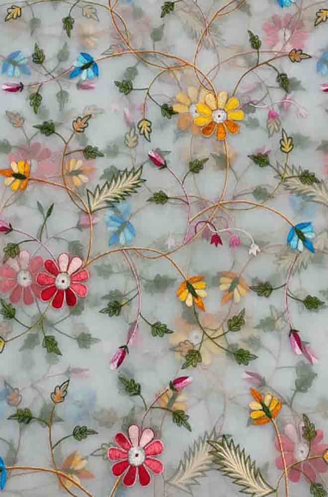 Blue Embroidered Parsi Convent Work Organza Flower Design Dupatta - Luxurion World