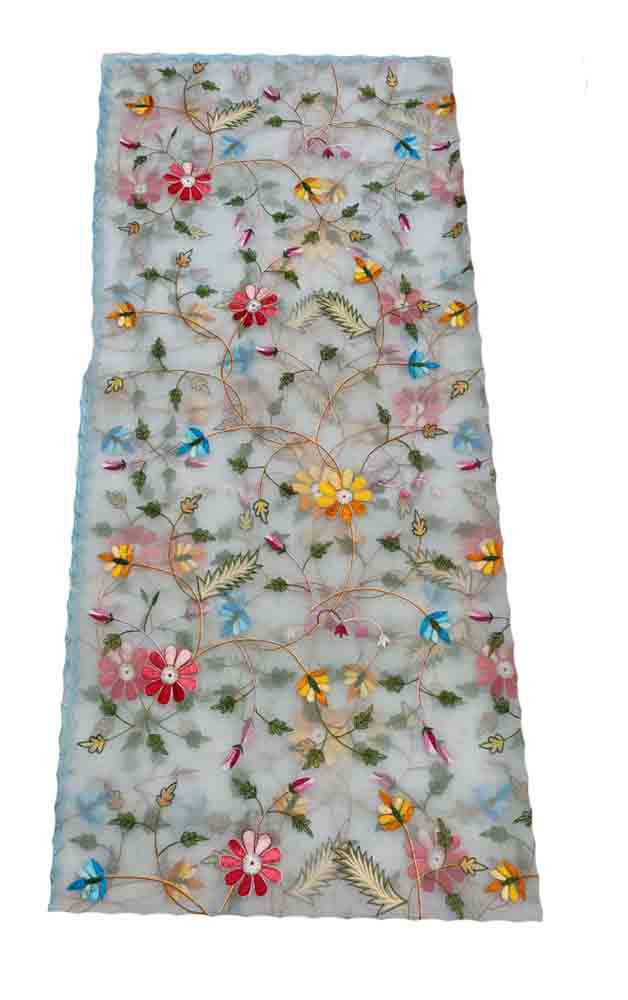 Blue Embroidered Parsi Convent Work Organza Flower Design Dupatta - Luxurion World