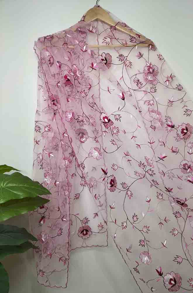 Pink Embroidered Parsi Convent Work Net Bird And Flower Design Dupatta - Luxurion World
