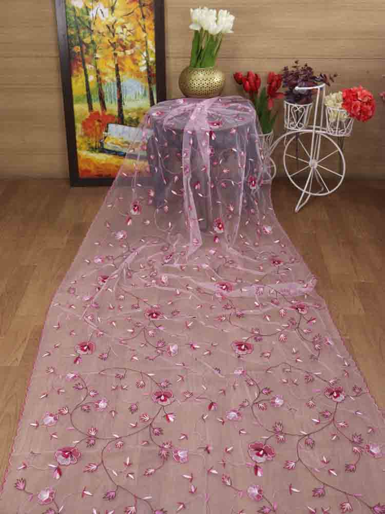 Pink Embroidered Parsi Convent Work Net Bird And Flower Design Dupatta - Luxurion World