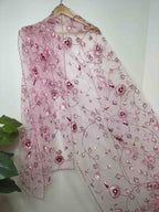 Pink Embroidered Parsi Convent Work Net Bird And Flower Design Dupatta - Luxurion World