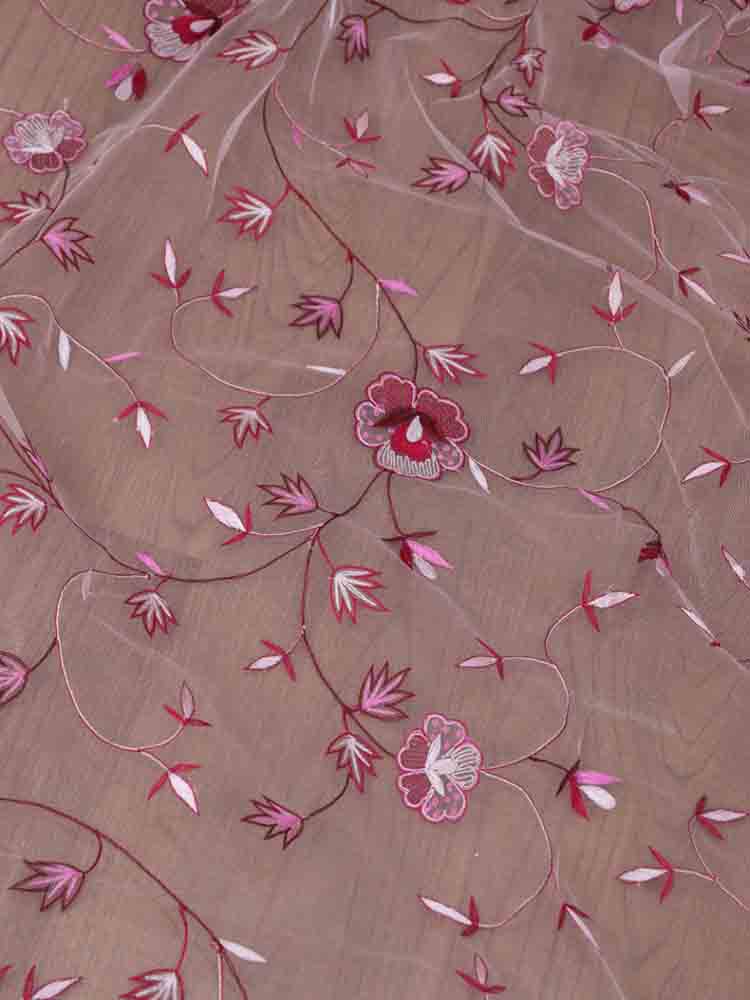 Pink Embroidered Parsi Convent Work Net Bird And Flower Design Dupatta