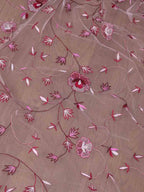 Pink Embroidered Parsi Convent Work Net Bird And Flower Design Dupatta - Luxurion World